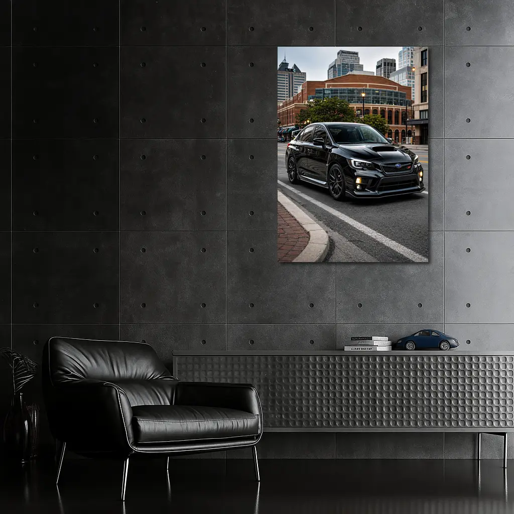 Black Subaru WRX STI Downtown City Street – Wall Art