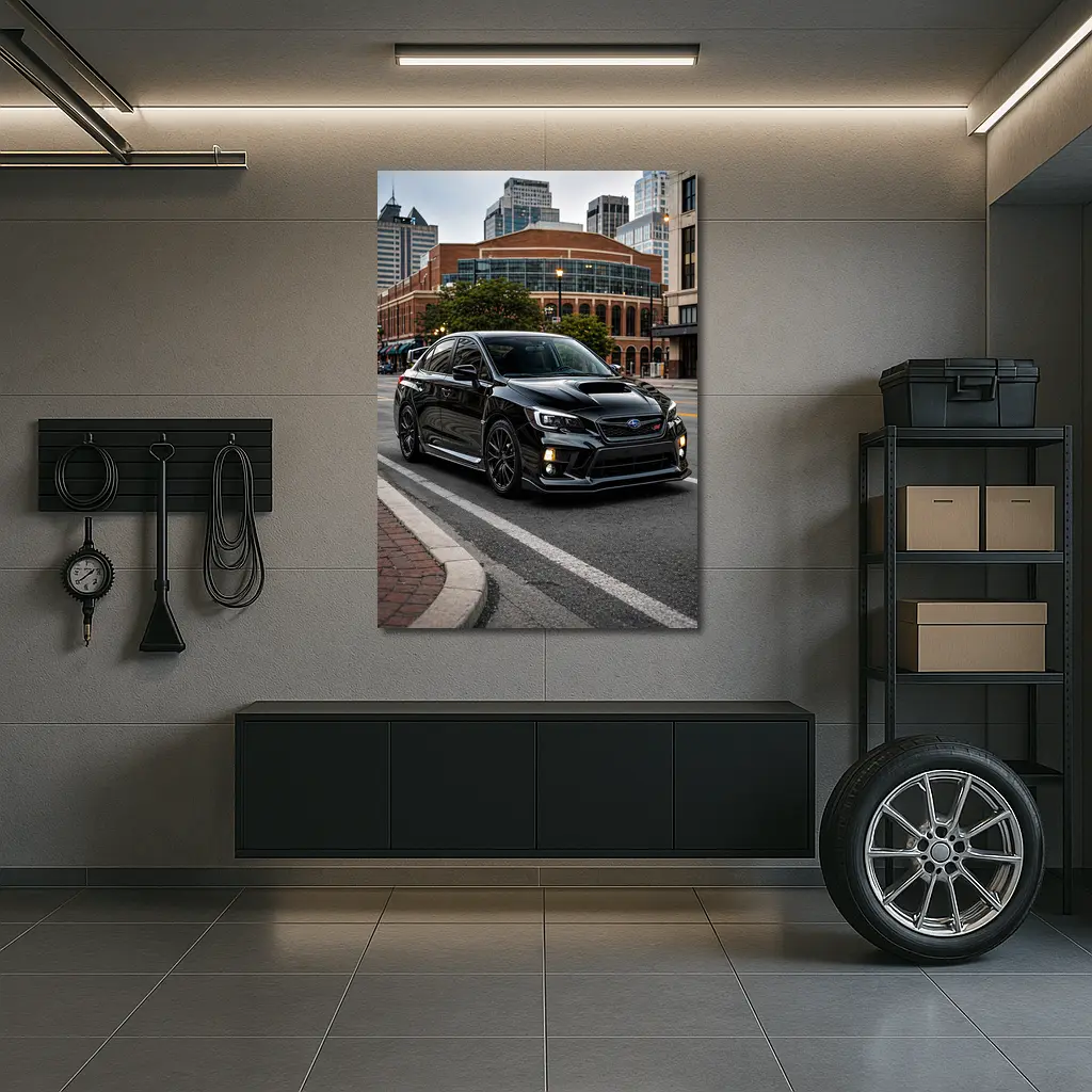 Black Subaru WRX STI Downtown City Street – Wall Art