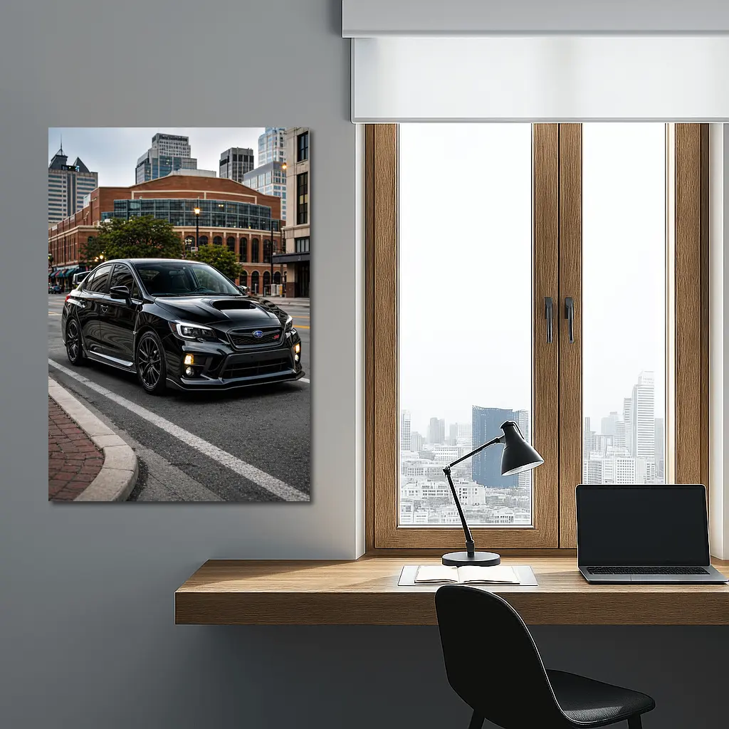 Black Subaru WRX STI Downtown City Street – Wall Art