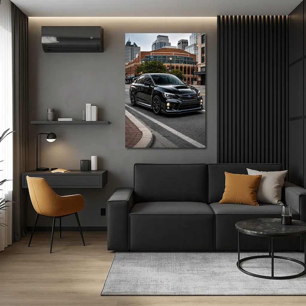Black Subaru WRX STI Downtown City Street – Wall Art