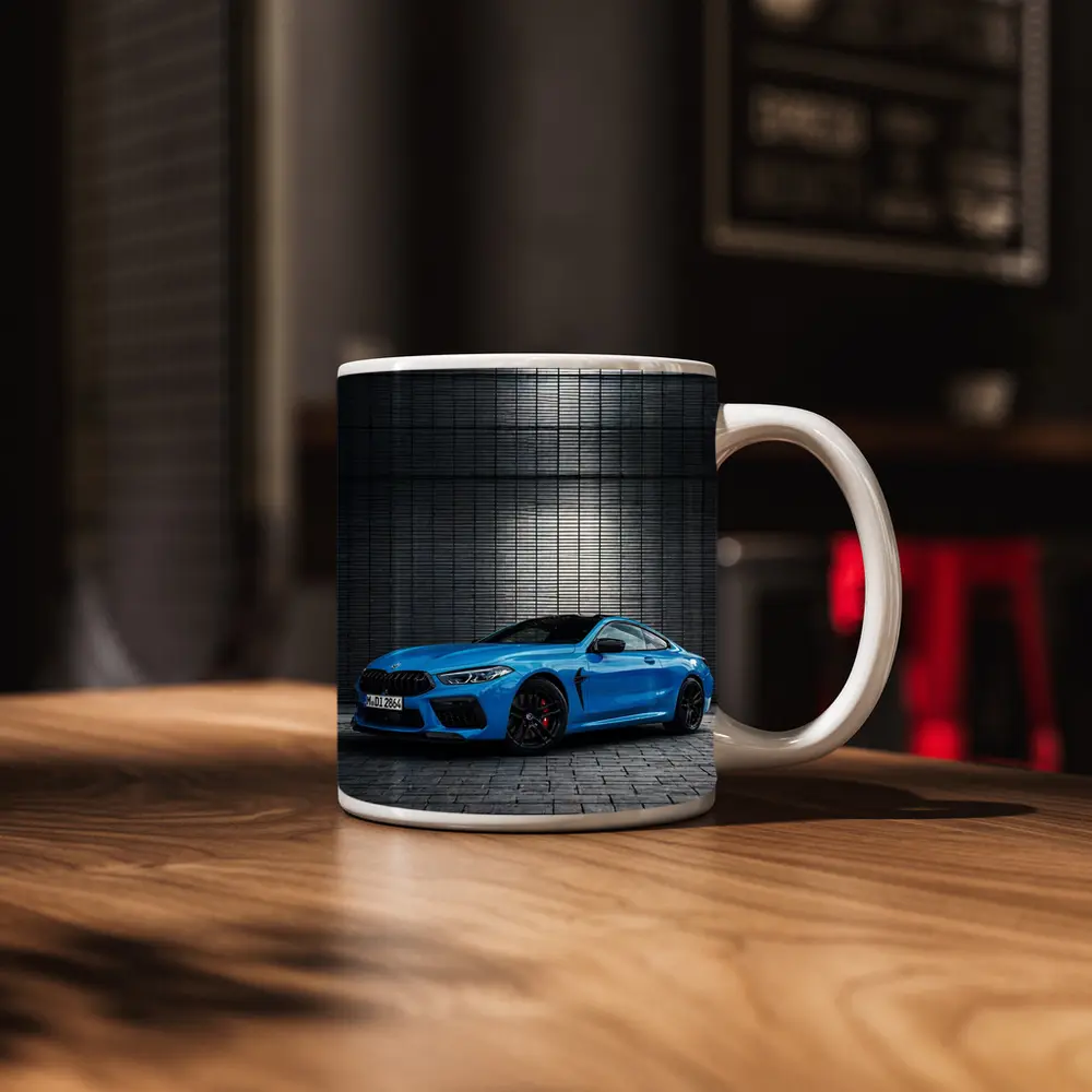 BMW M8 Blue Coupe Urban Wall Background – Mugs