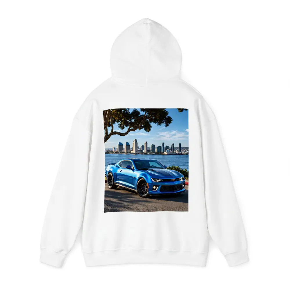 Blue Chevrolet Camaro City Waterfront Scene – Hoodies