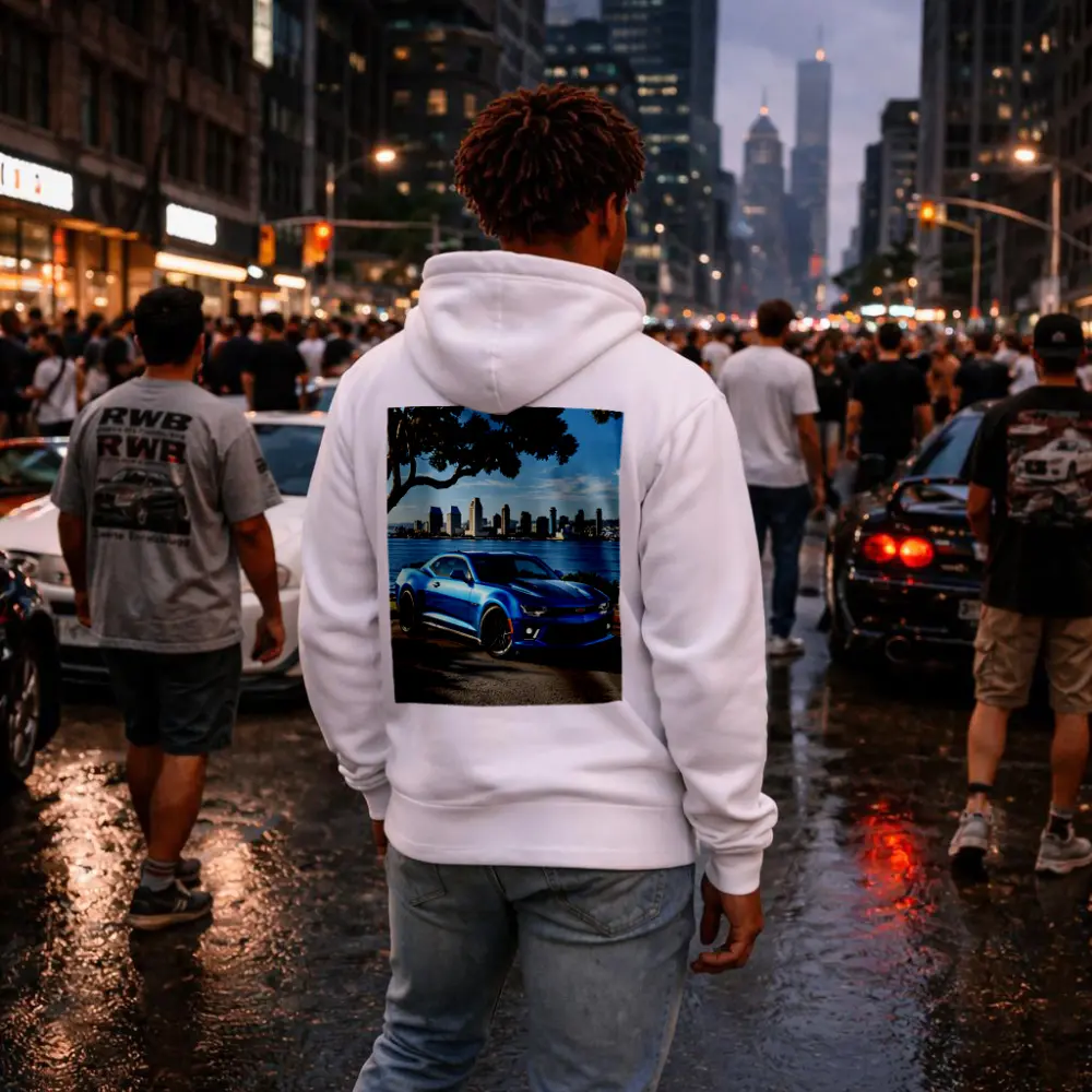 Blue Chevrolet Camaro City Waterfront Scene – Hoodies