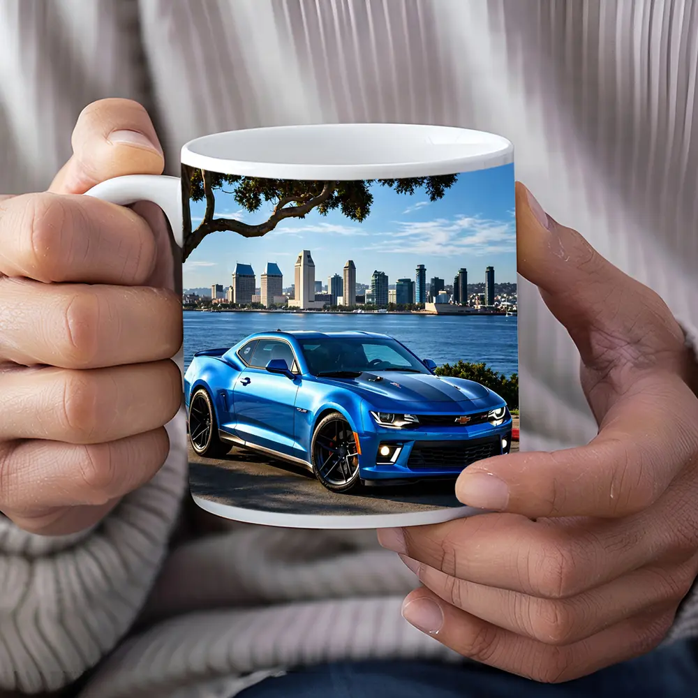 Blue Chevrolet Camaro City Waterfront Scene – Mugs