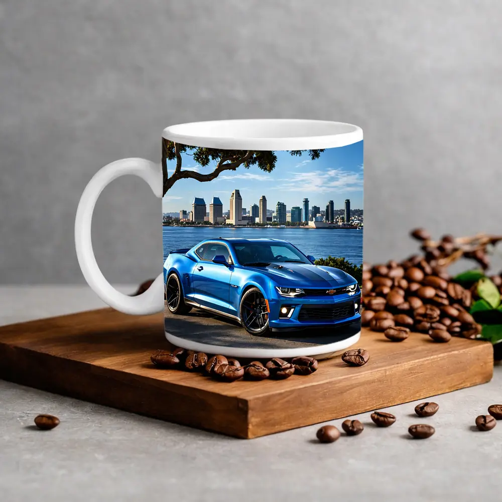Blue Chevrolet Camaro City Waterfront Scene – Mugs