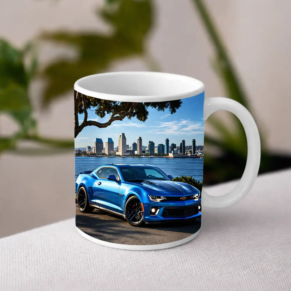 Blue Chevrolet Camaro City Waterfront Scene – Mugs