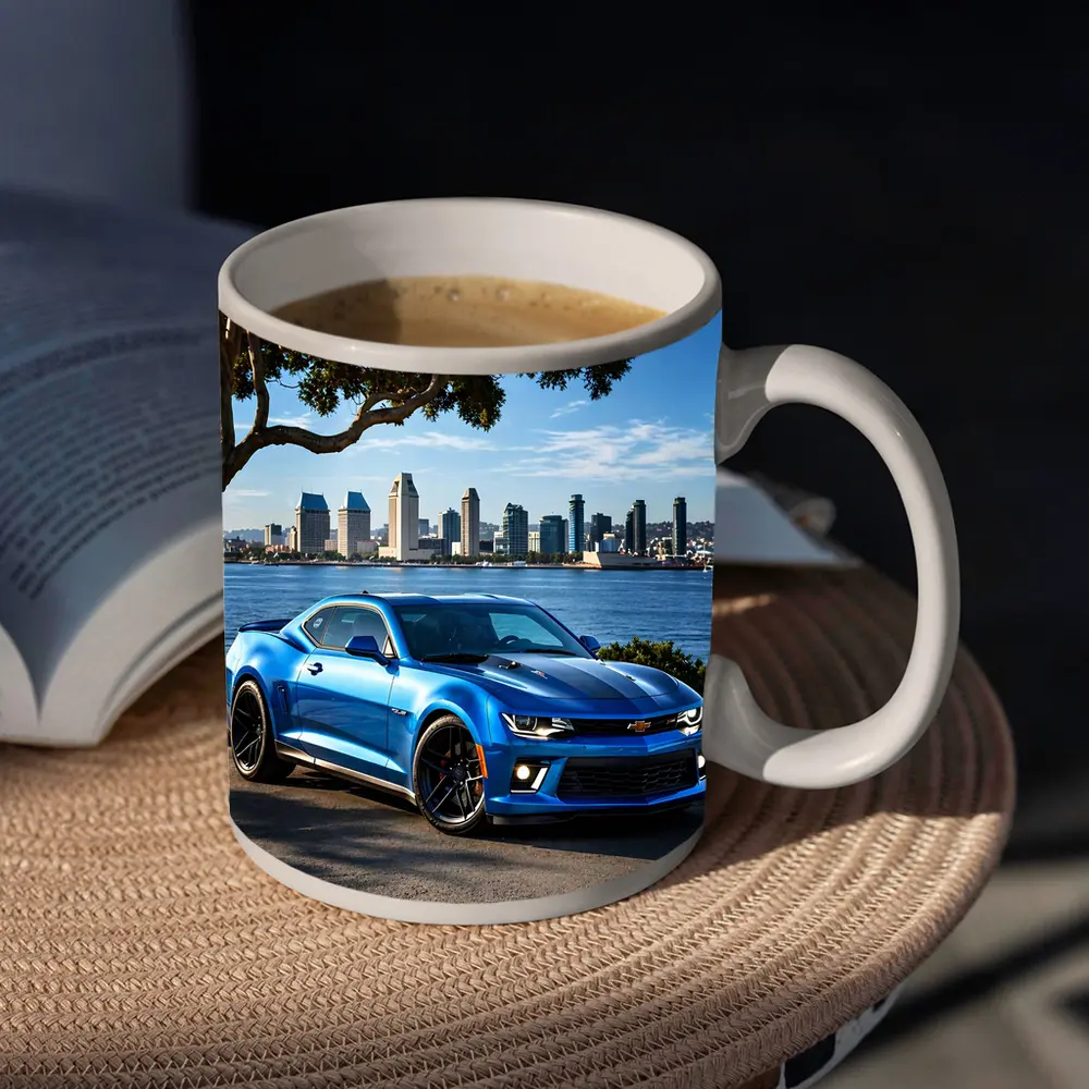 Blue Chevrolet Camaro City Waterfront Scene – Mugs