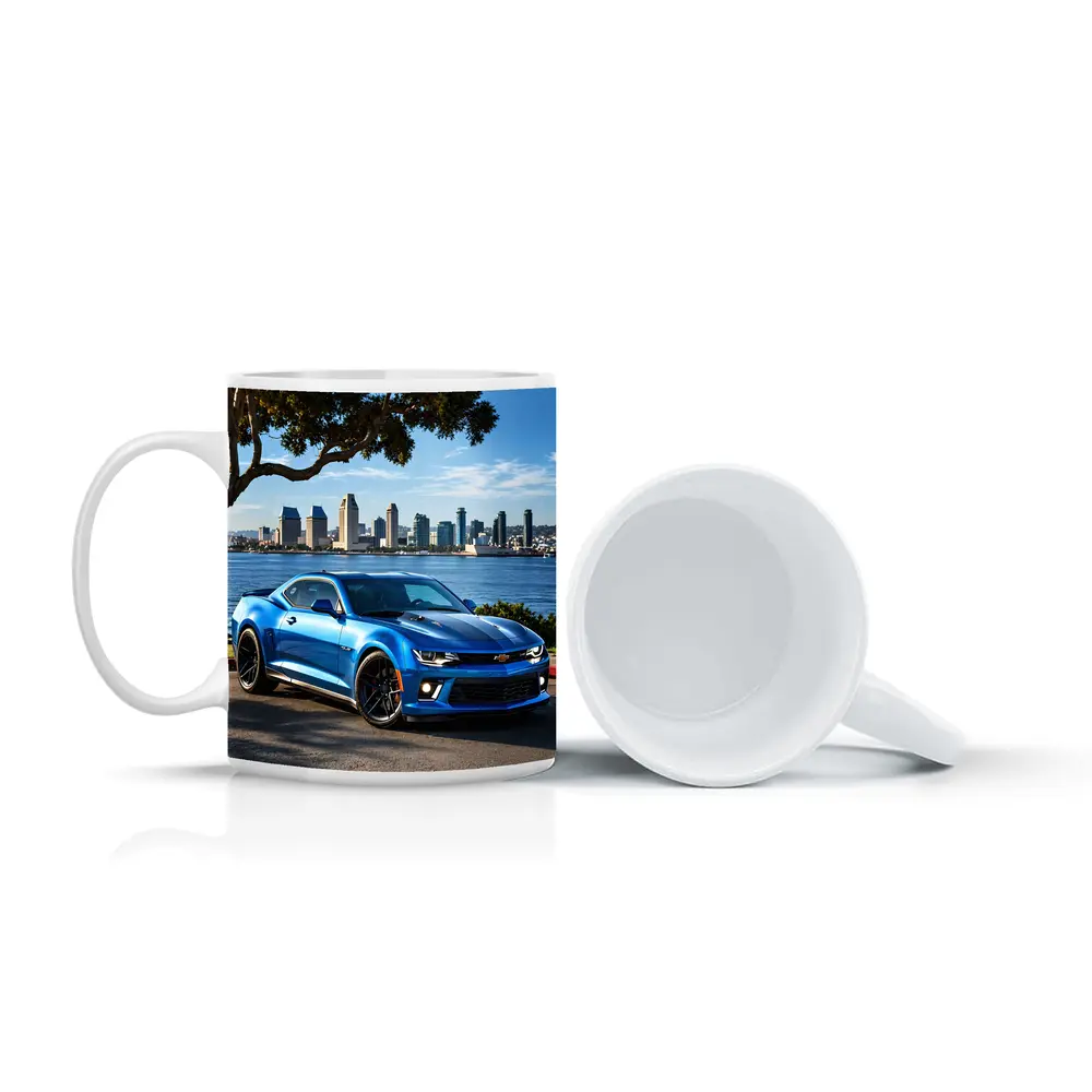 Blue Chevrolet Camaro City Waterfront Scene – Mugs