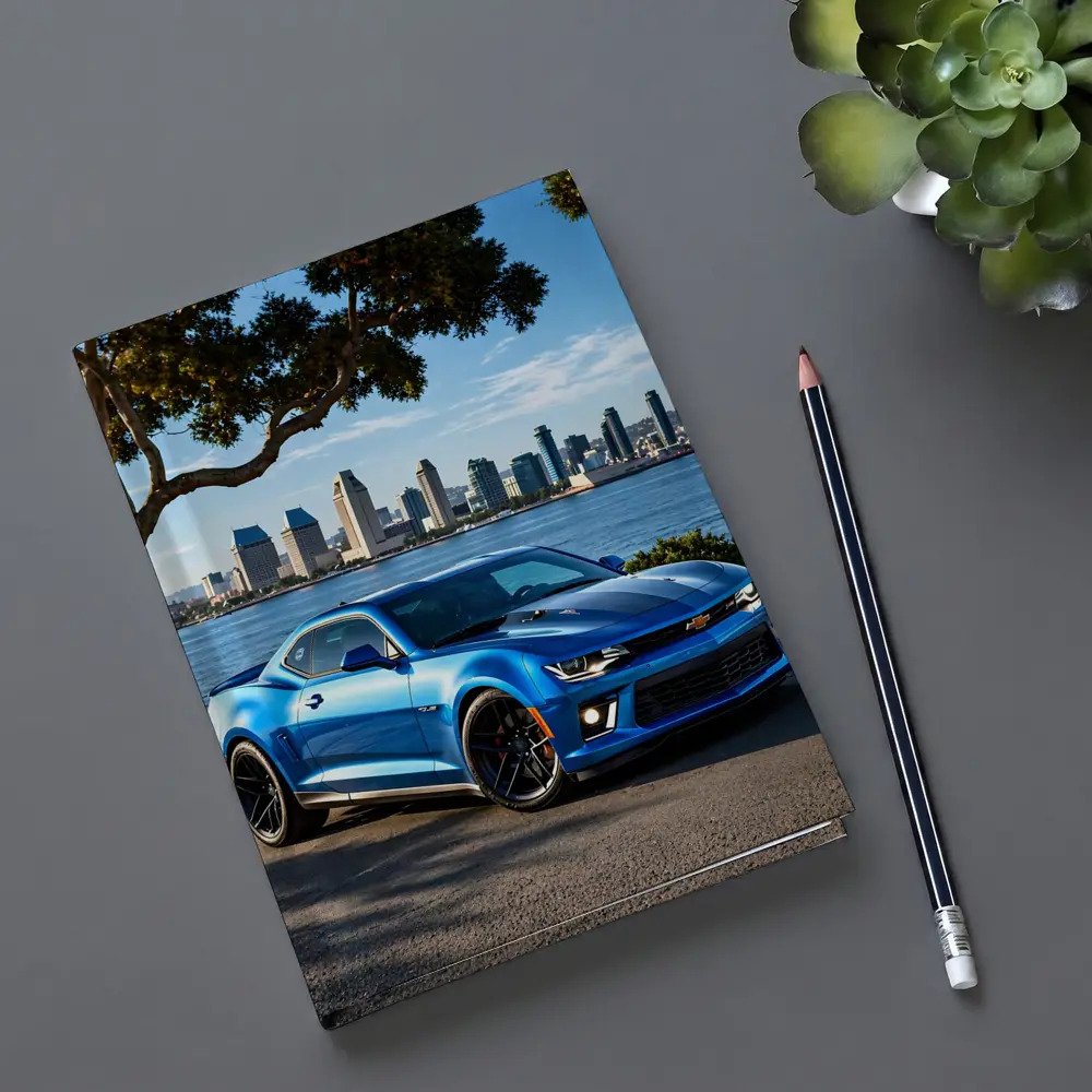 Blue Chevrolet Camaro City Waterfront Scene – Notebooks