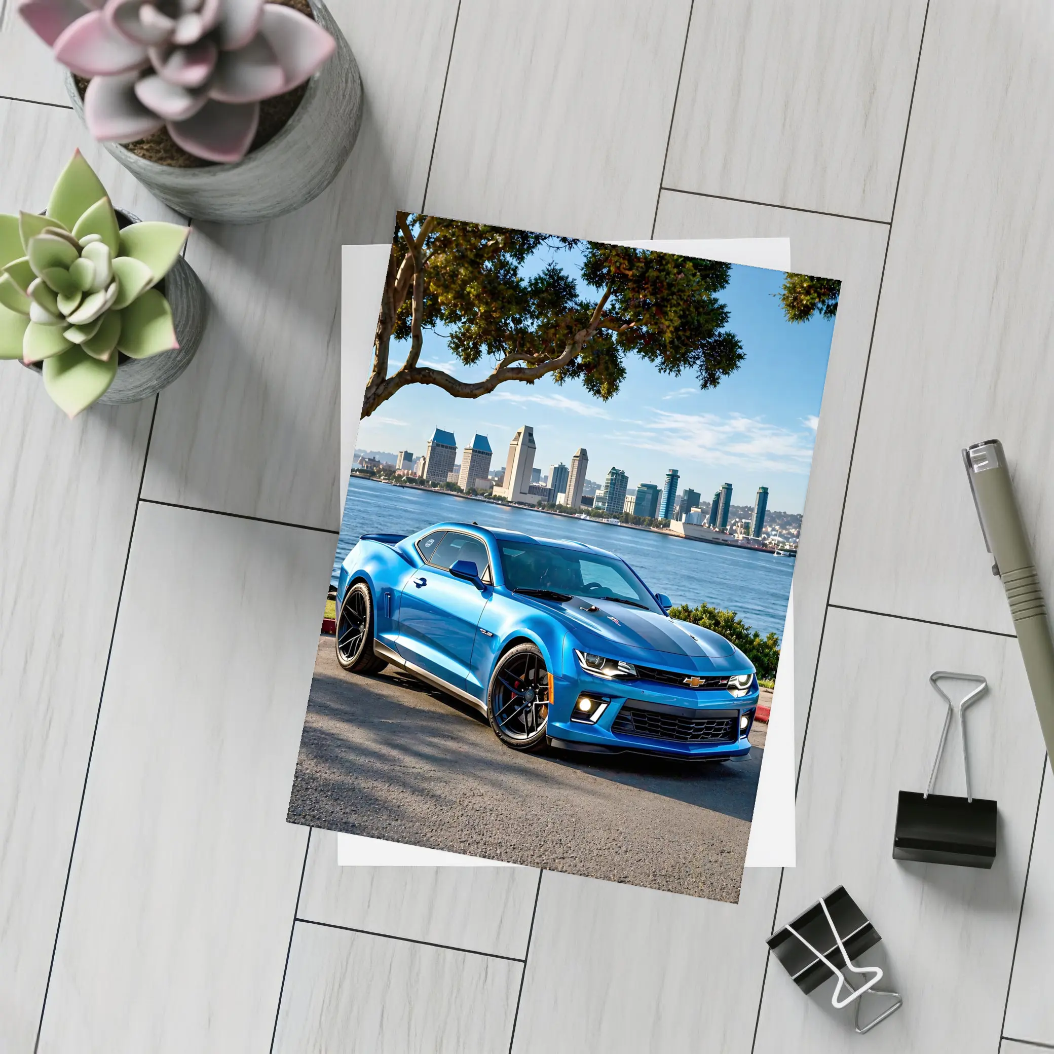 Blue Chevrolet Camaro City Waterfront Scene – Postcards