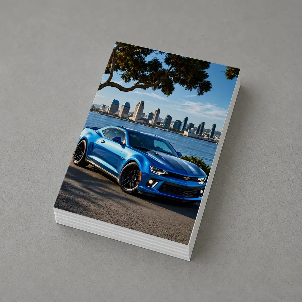 Blue Chevrolet Camaro City Waterfront Scene – Postcards