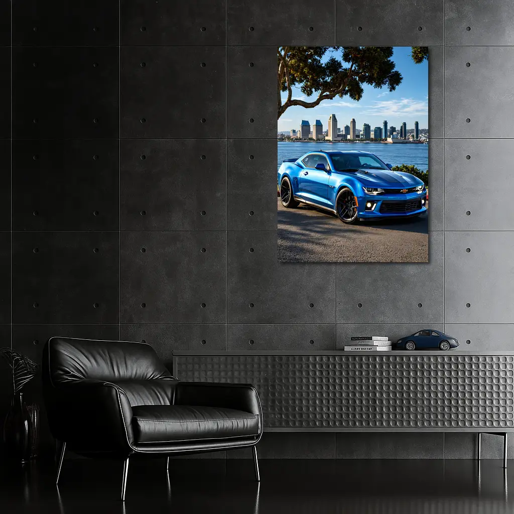 Blue Chevrolet Camaro City Waterfront Scene – Wall Art