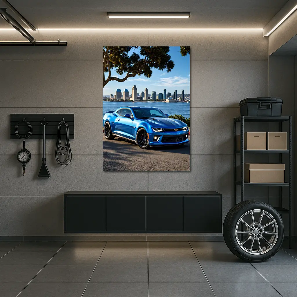 Blue Chevrolet Camaro City Waterfront Scene – Wall Art