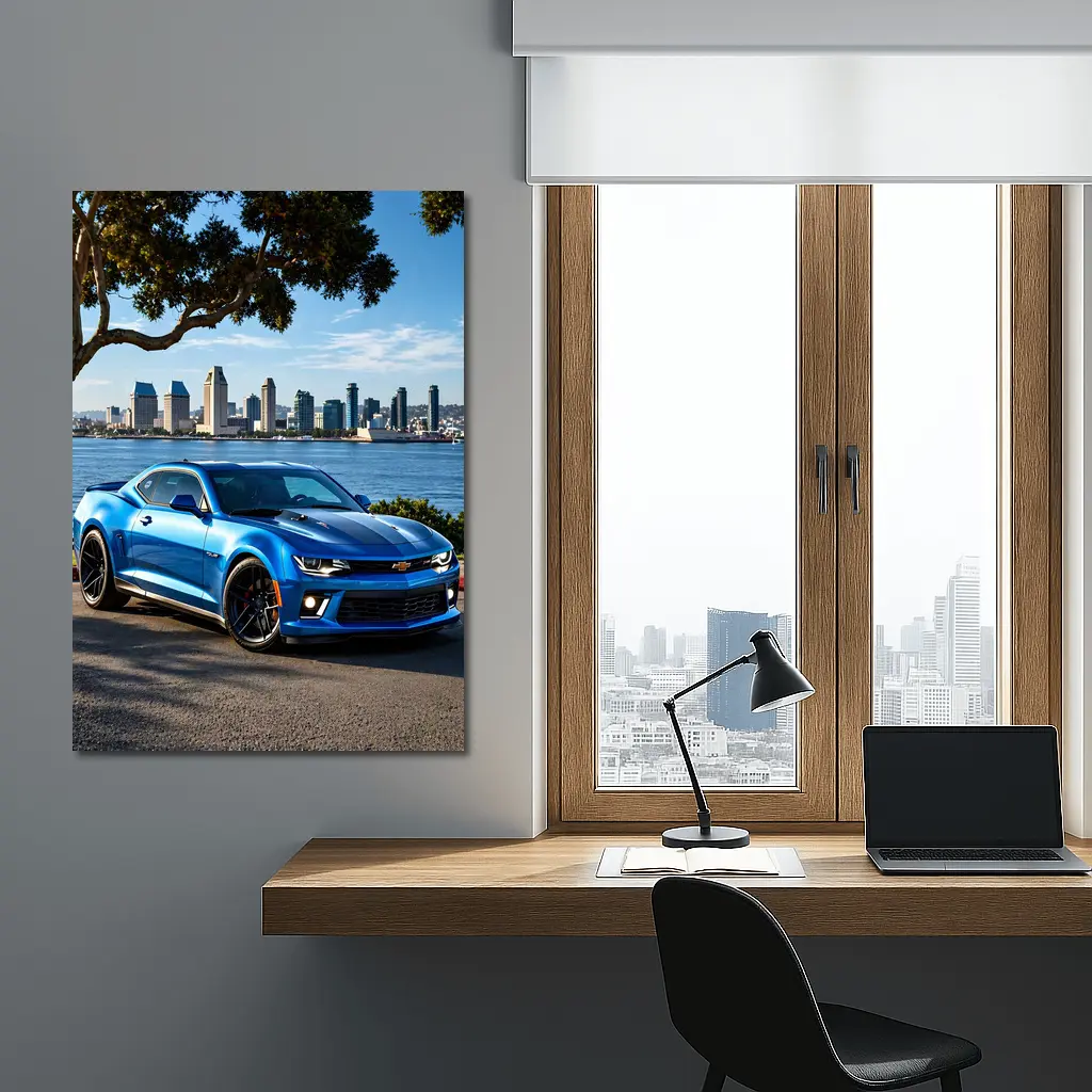 Blue Chevrolet Camaro City Waterfront Scene – Wall Art