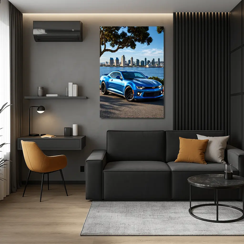 Blue Chevrolet Camaro City Waterfront Scene – Wall Art