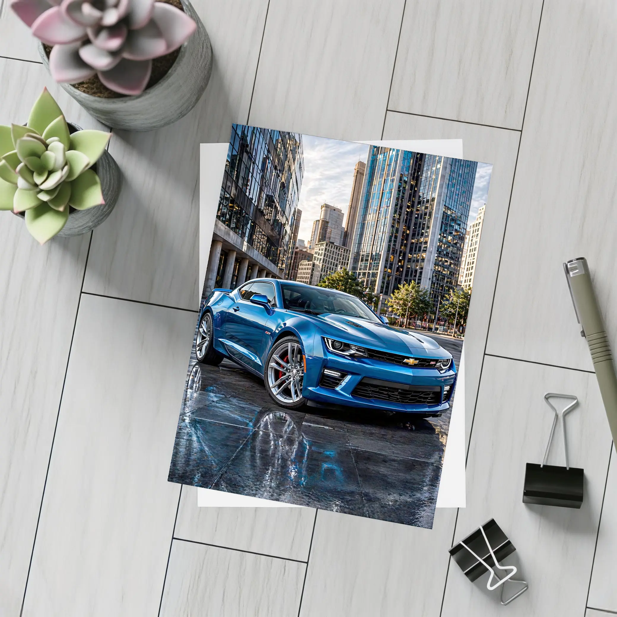 Blue Chevrolet Camaro SS City Background – Postcards