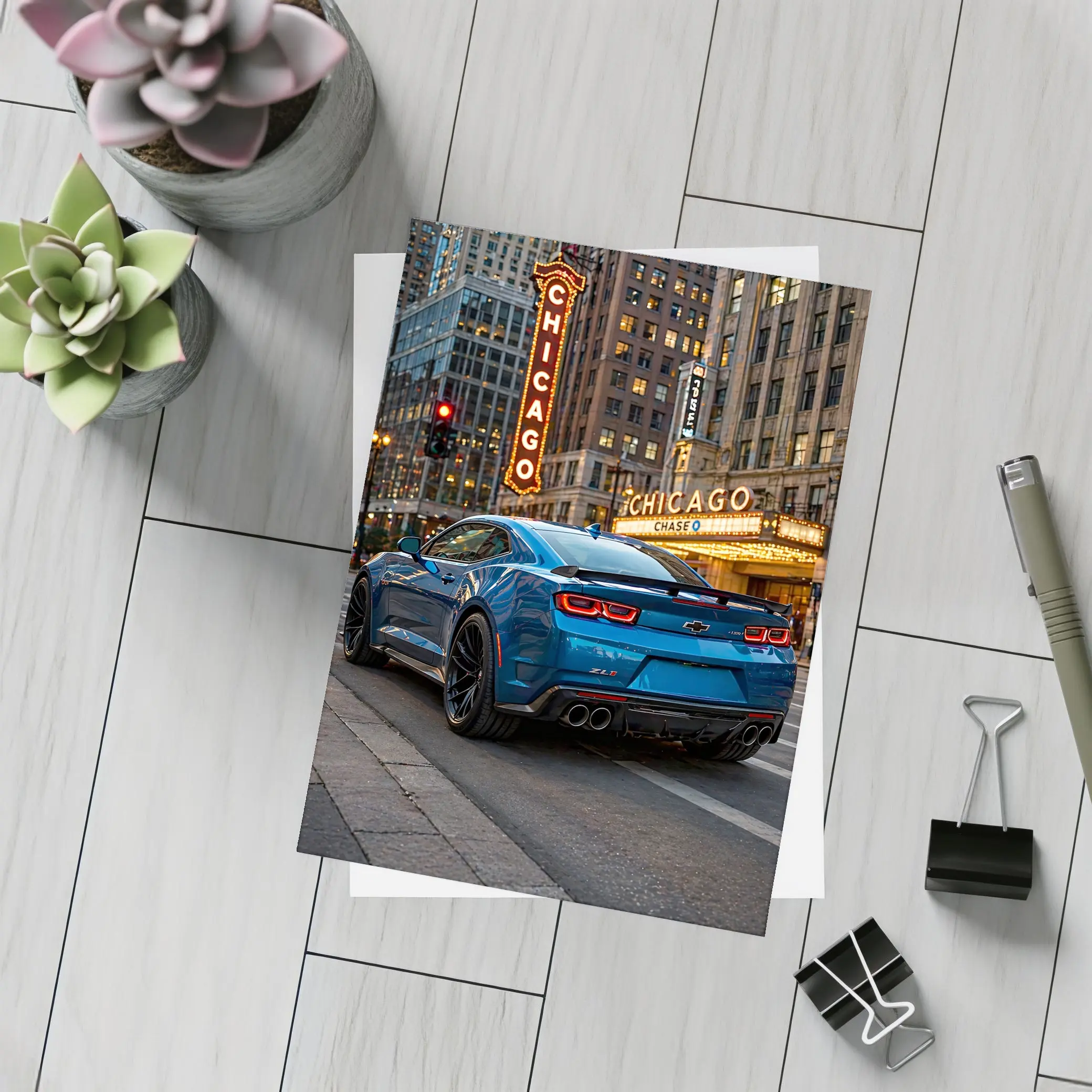 Chevrolet Camaro ZL1 Blue Chicago Street – Postcards