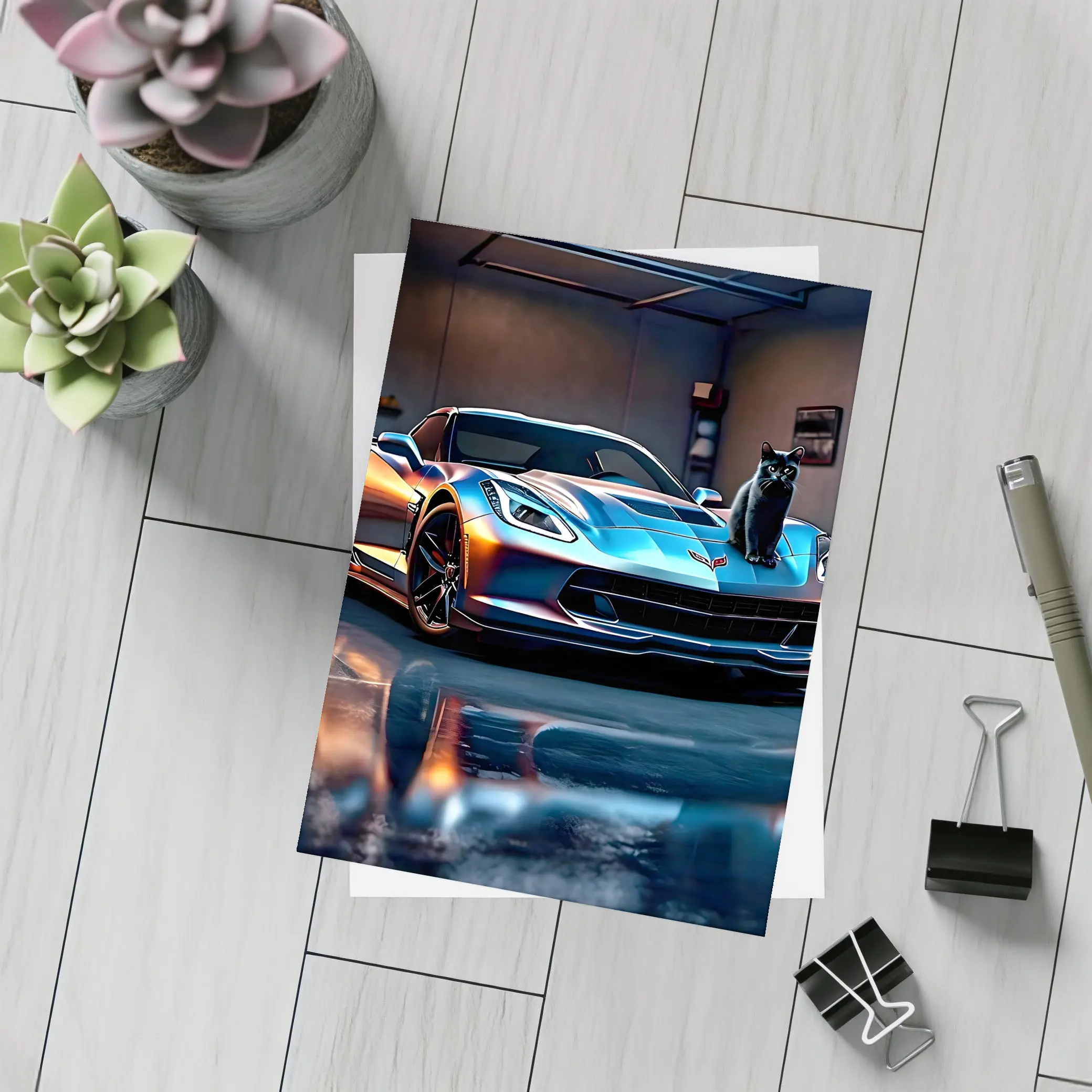 Chevrolet Corvette Black Cat Garage Night – Postcards