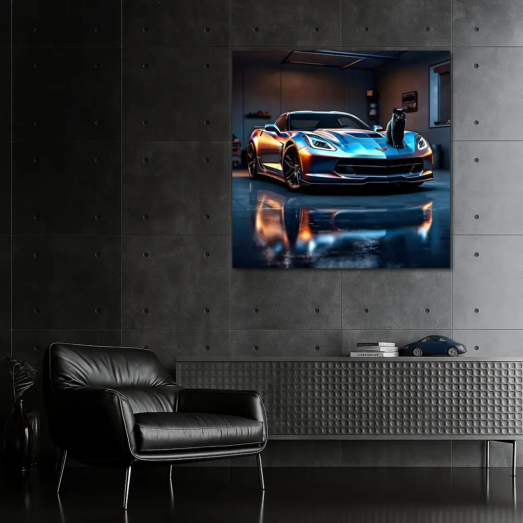 Chevrolet Corvette Black Cat Garage Night – Wall Art