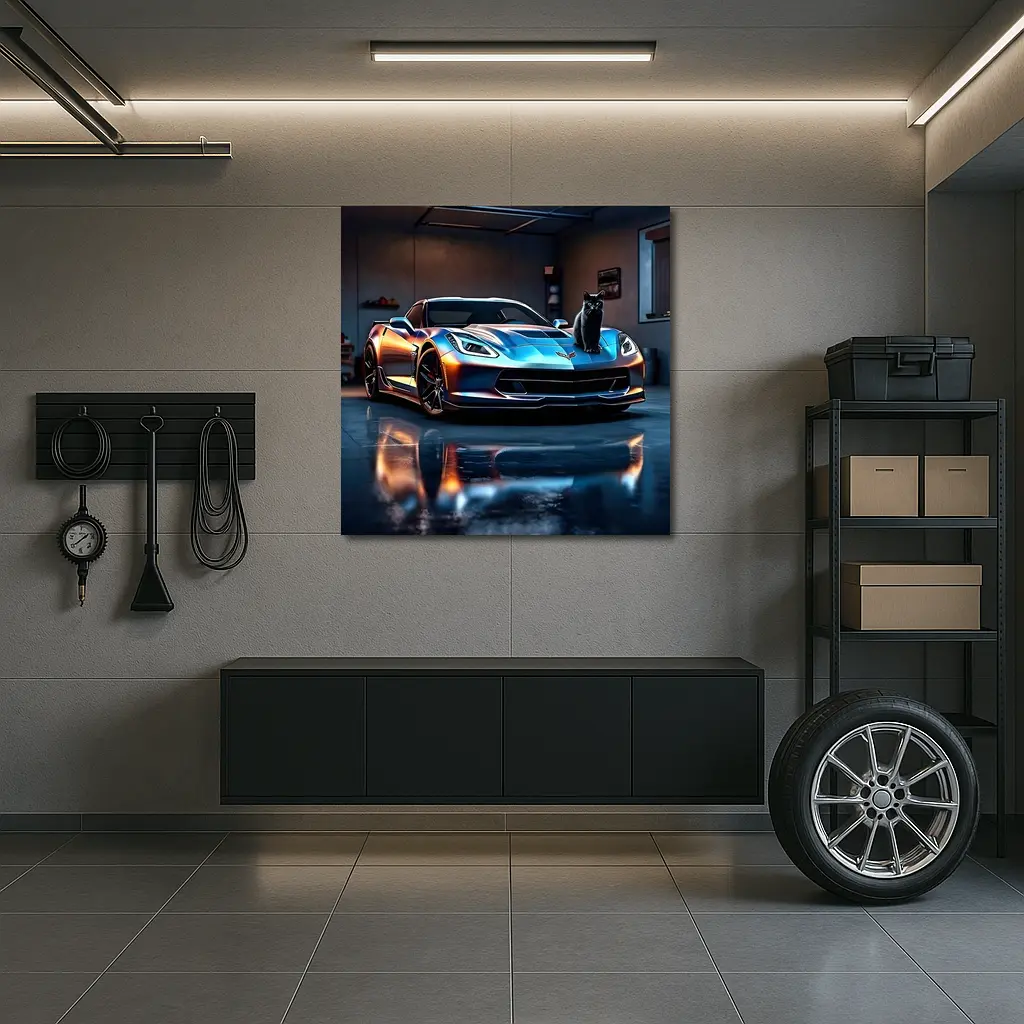 Chevrolet Corvette Black Cat Garage Night – Wall Art