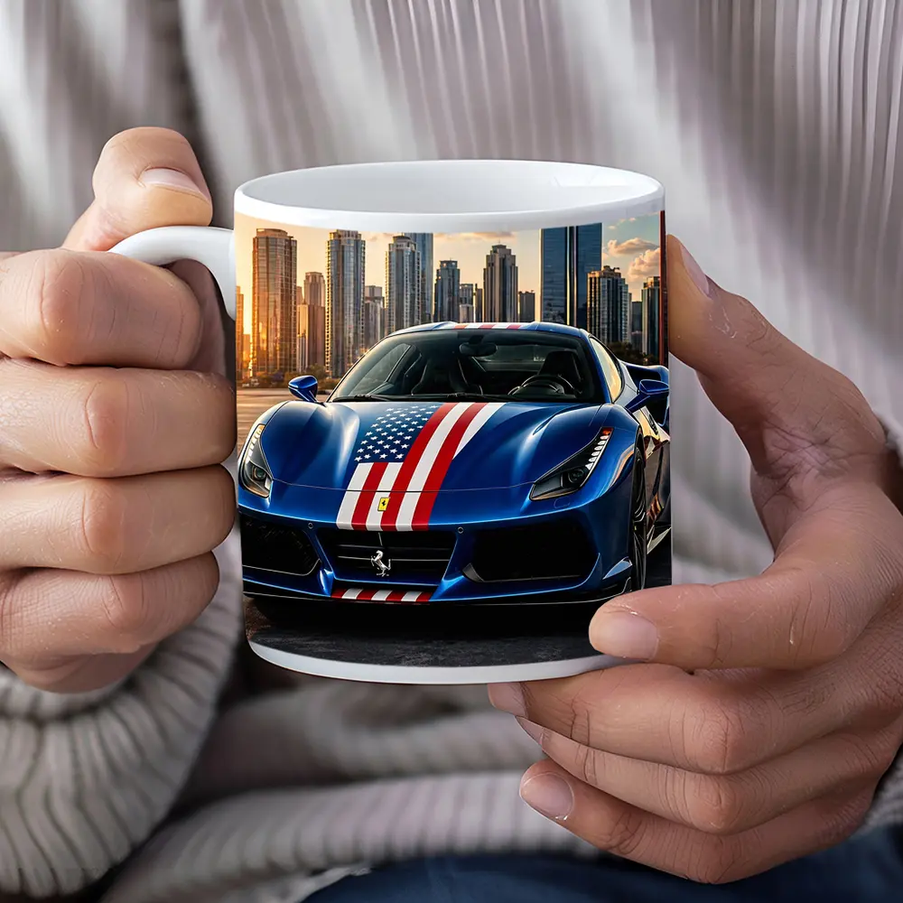 Ferrari 488 GTB American Flag City Skyline – Mugs