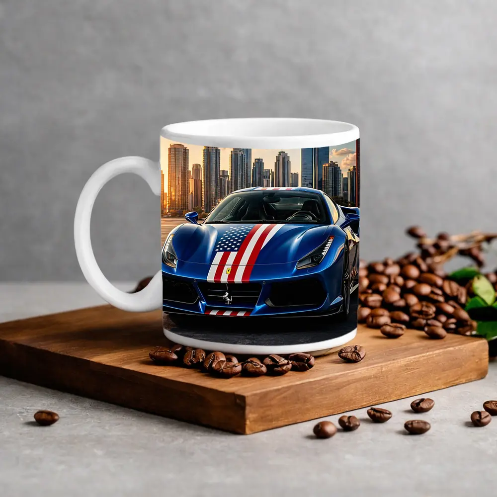 Ferrari 488 GTB American Flag City Skyline – Mugs