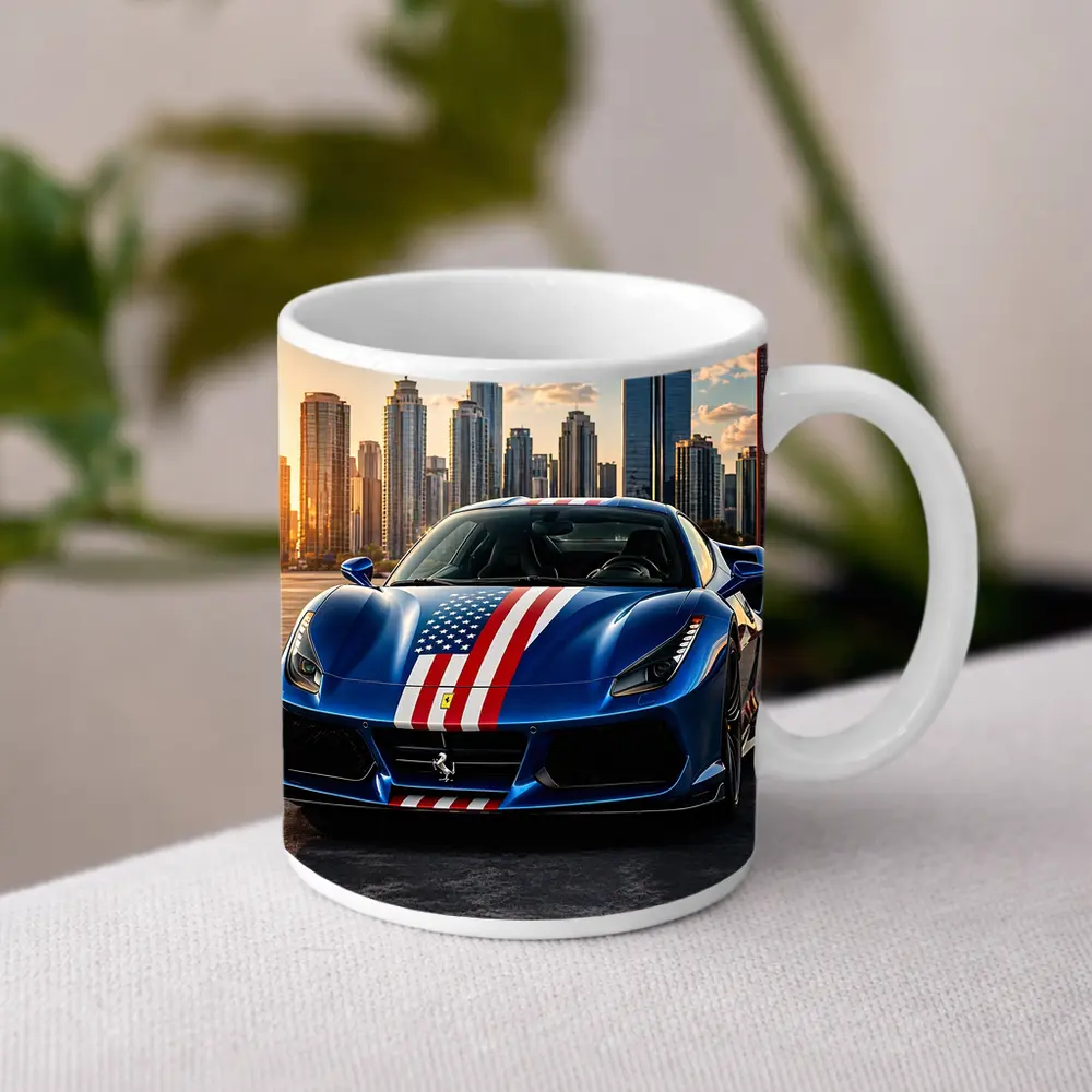 Ferrari 488 GTB American Flag City Skyline – Mugs