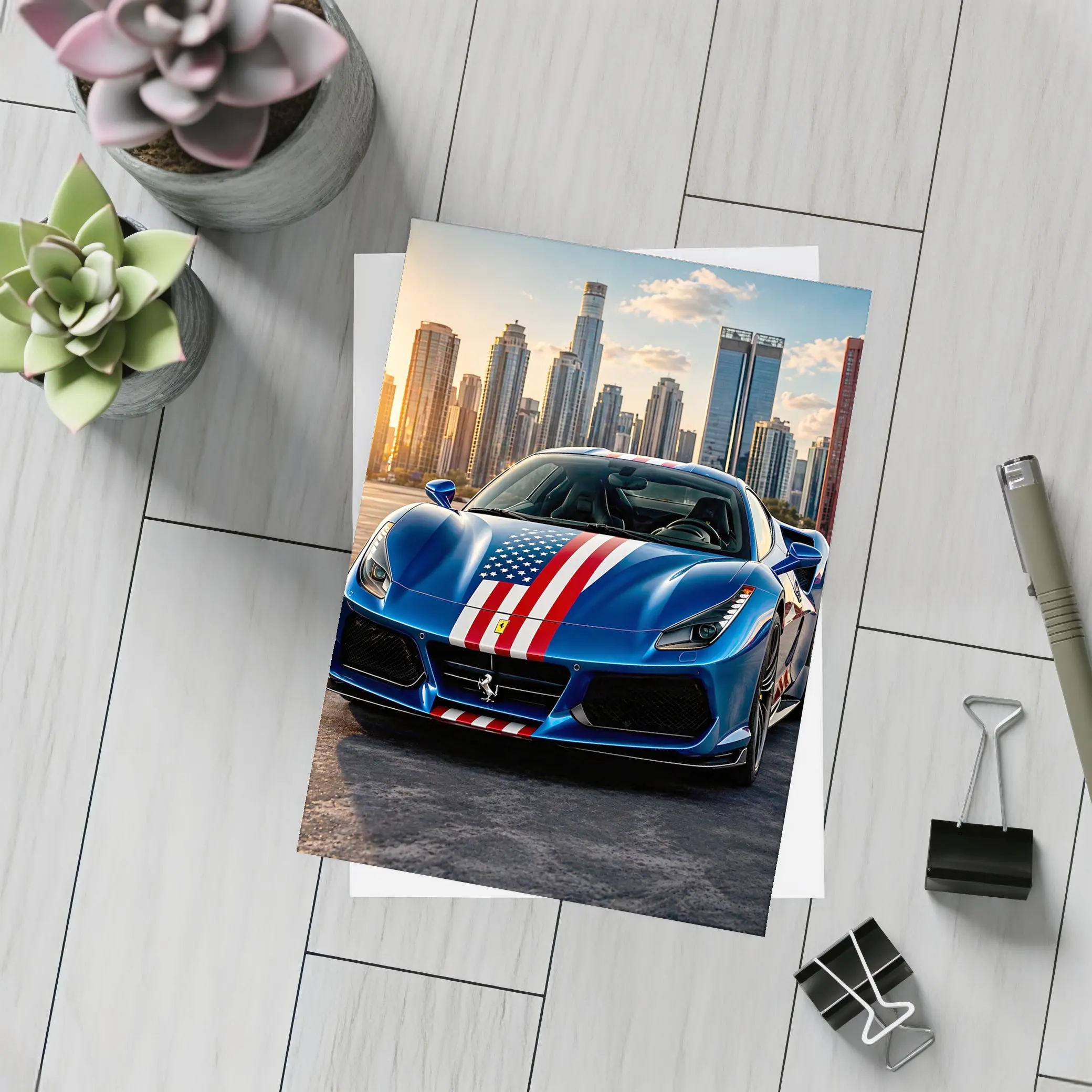 Ferrari 488 GTB American Flag City Skyline – Postcards