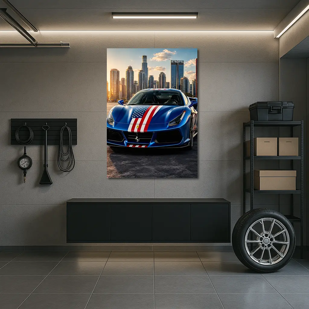 Ferrari 488 GTB American Flag City Skyline – Wall Art