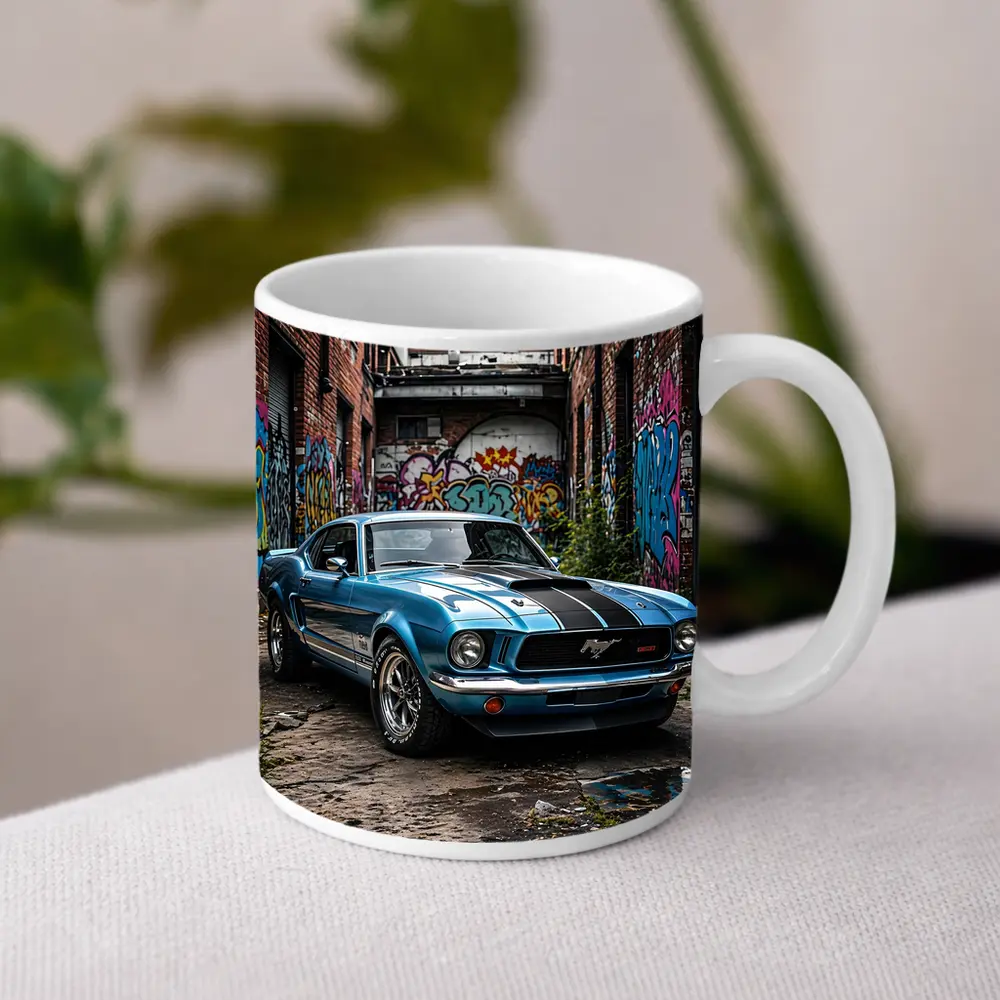Ford Mustang Classic Blue Urban Graffiti Alley – Mugs