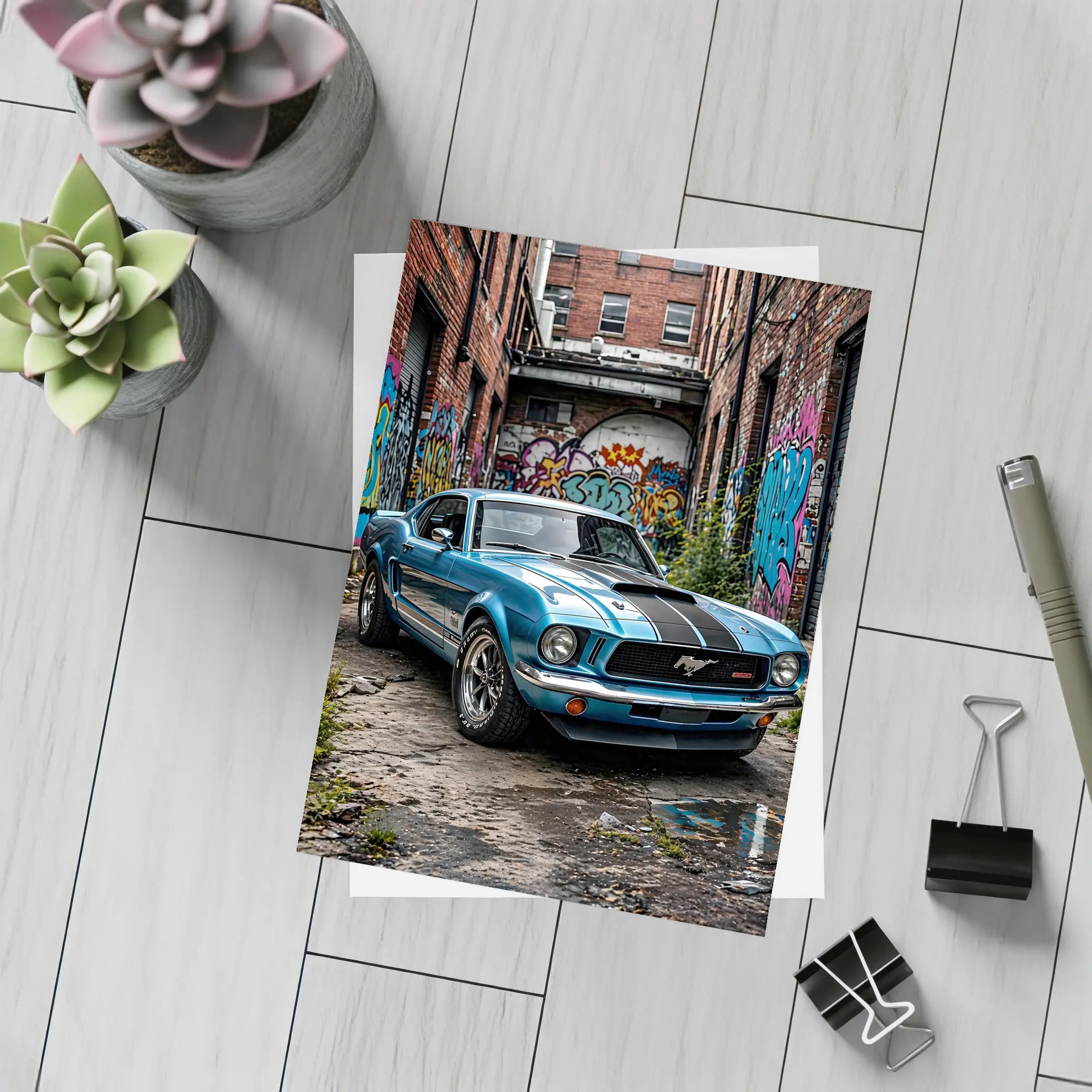 Ford Mustang Classic Blue Urban Graffiti Alley – Postcards