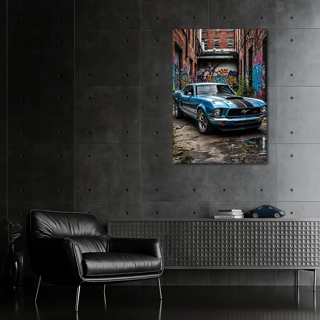 Ford Mustang Classic Blue Urban Graffiti Alley – Wall Art