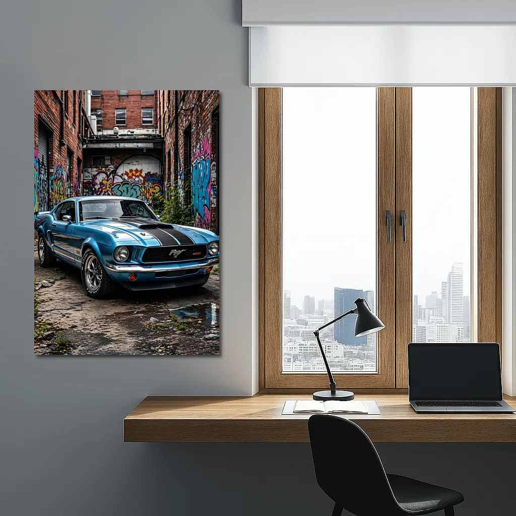 Ford Mustang Classic Blue Urban Graffiti Alley – Wall Art
