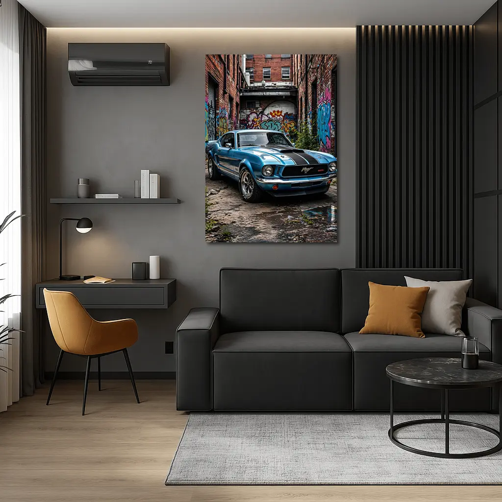 Ford Mustang Classic Blue Urban Graffiti Alley – Wall Art