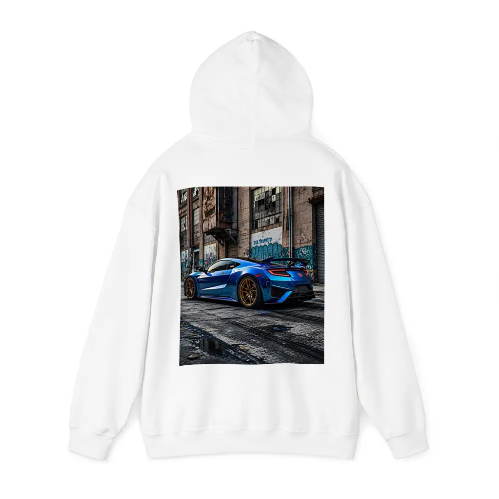 Blue Honda NSX Parked Urban Warehouse Setting – Hoodies