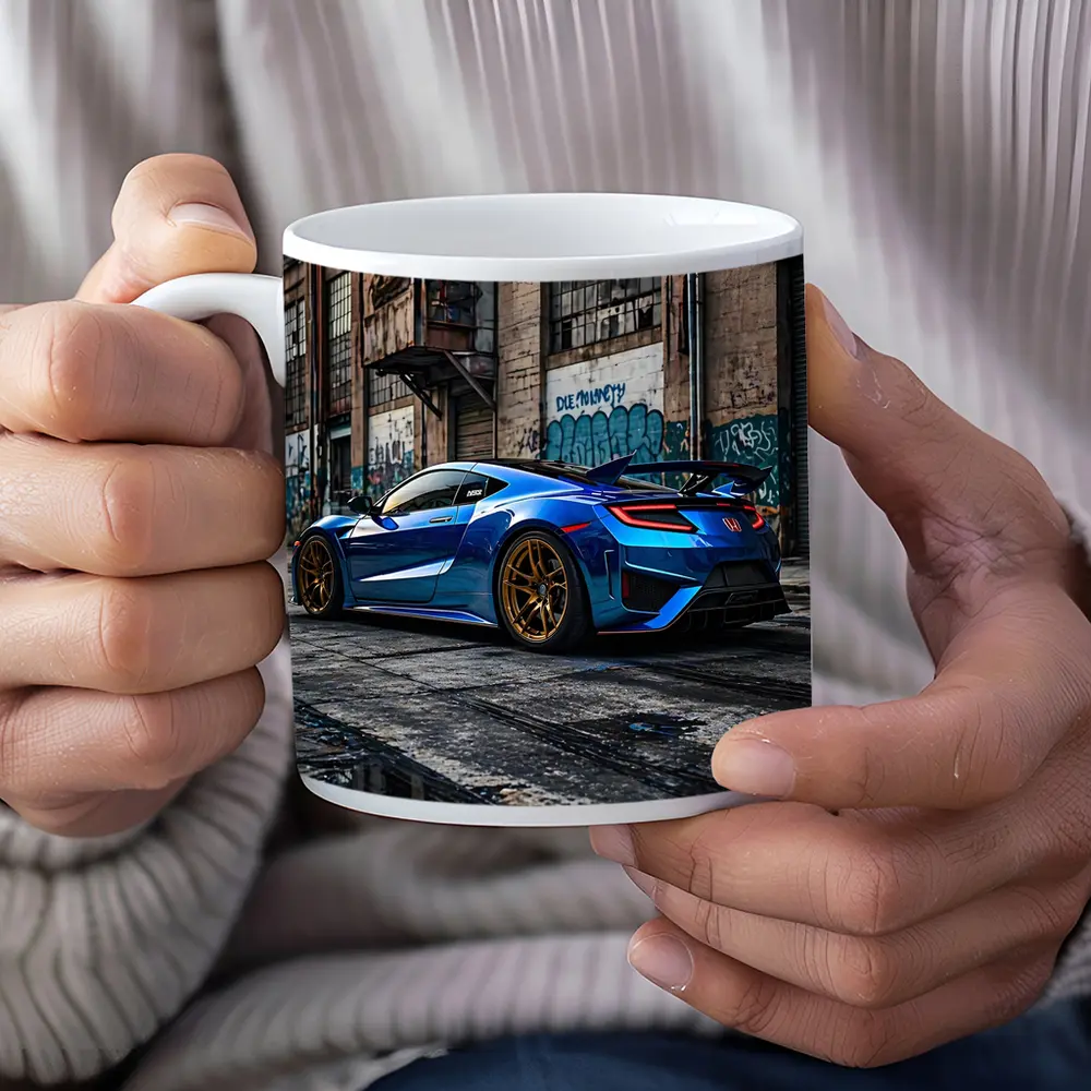 Blue Honda NSX Parked Urban Warehouse Setting – Mugs