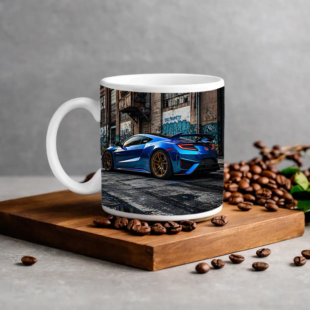 Blue Honda NSX Parked Urban Warehouse Setting – Mugs