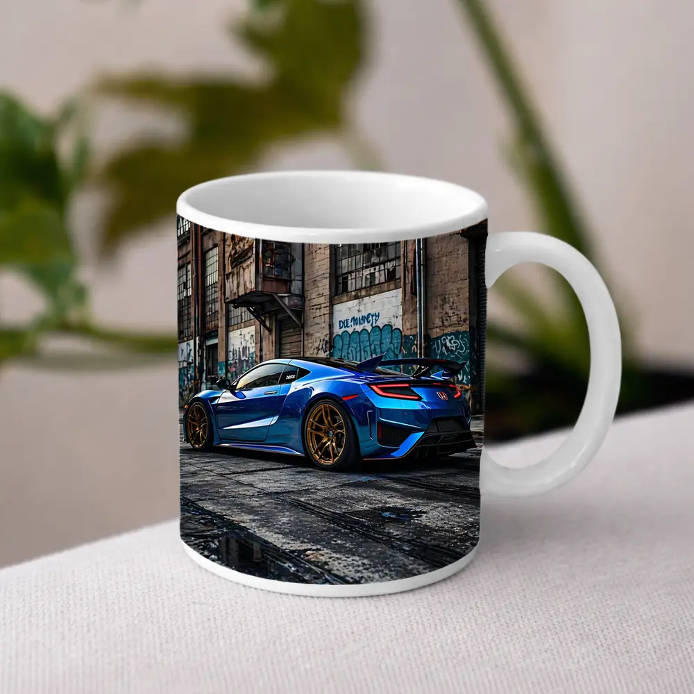 Blue Honda NSX Parked Urban Warehouse Setting – Mugs