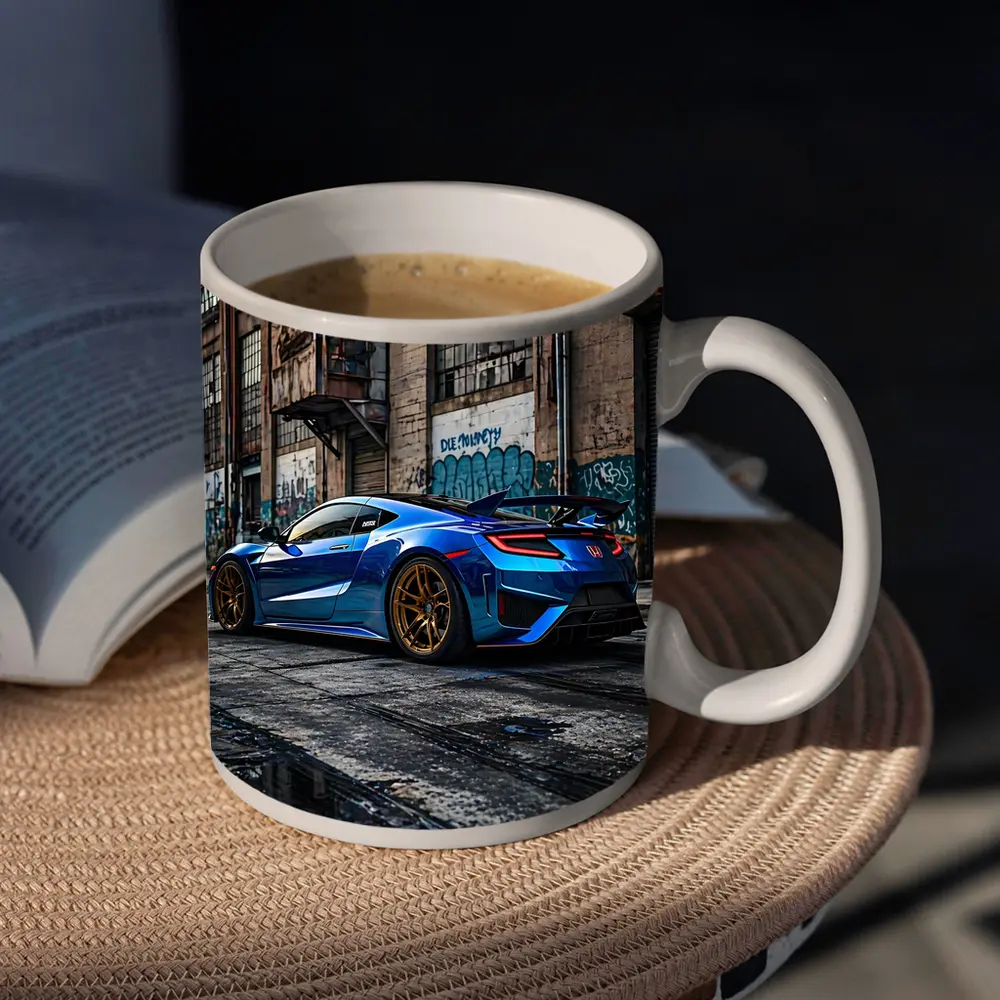 Blue Honda NSX Parked Urban Warehouse Setting – Mugs