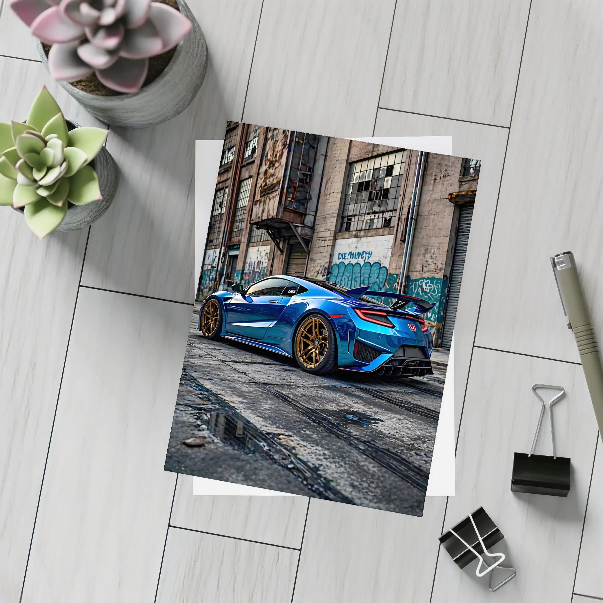 Blue Honda NSX Parked Urban Warehouse Setting – Postcards