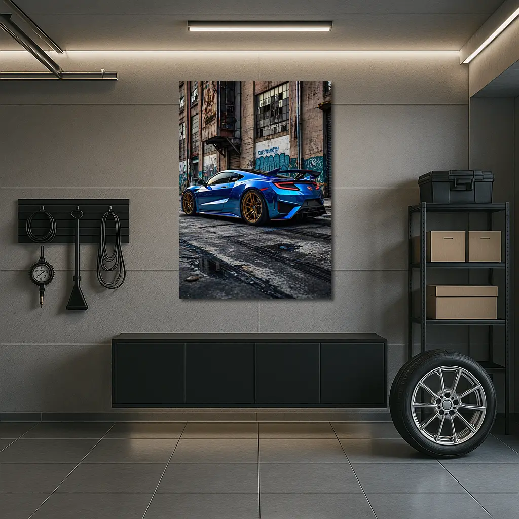 Blue Honda NSX Parked Urban Warehouse Setting – Wall Art
