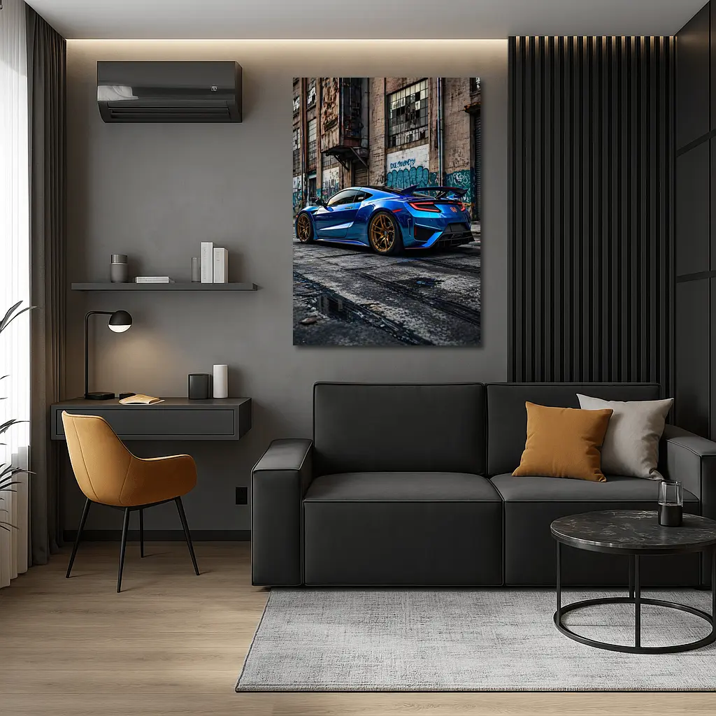 Blue Honda NSX Parked Urban Warehouse Setting – Wall Art