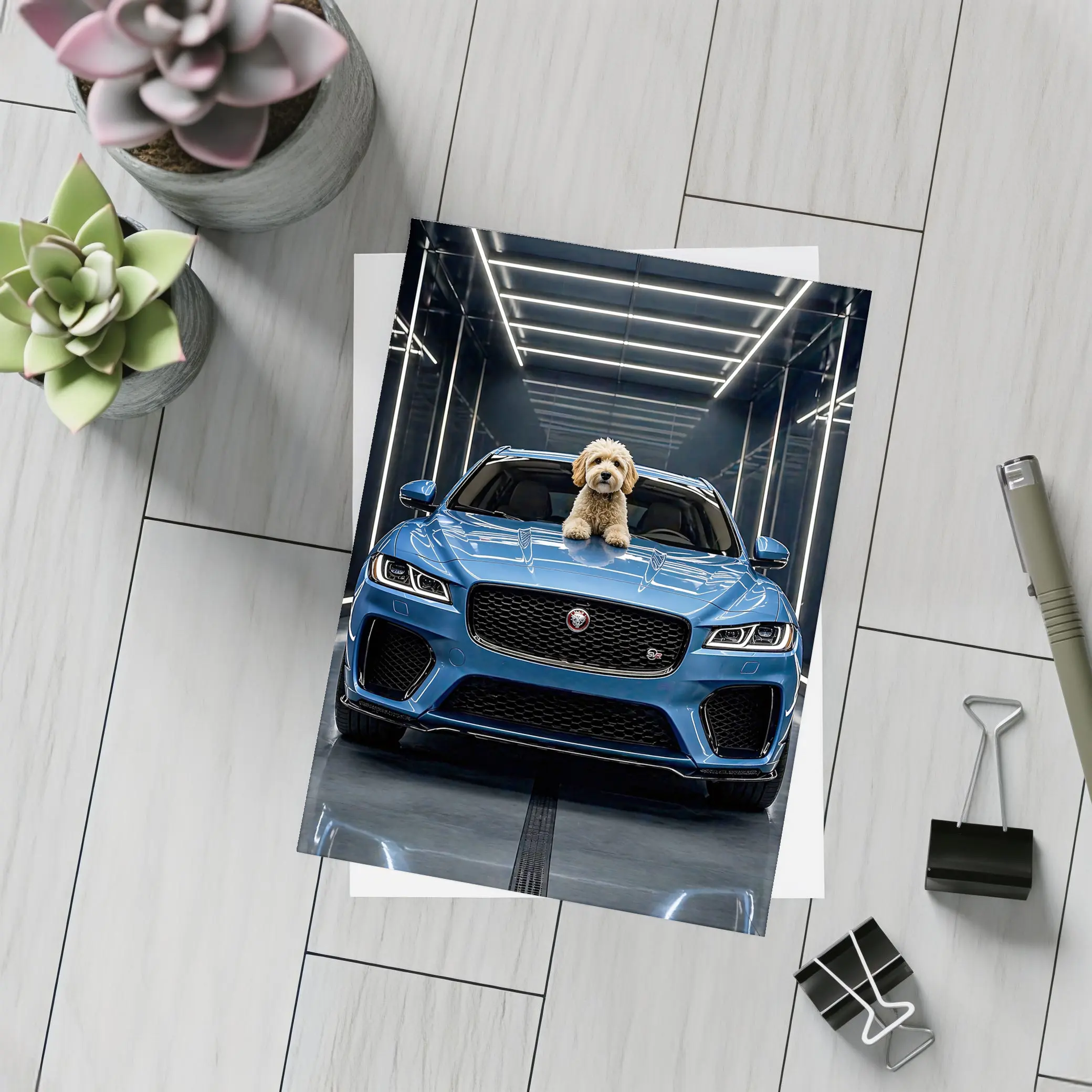 Blue Jaguar F-Pace SVR Dog Garage – Postcards