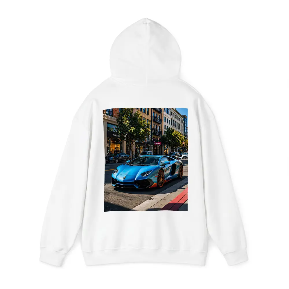 Blue Lamborghini Aventador City Street Scene – Hoodies