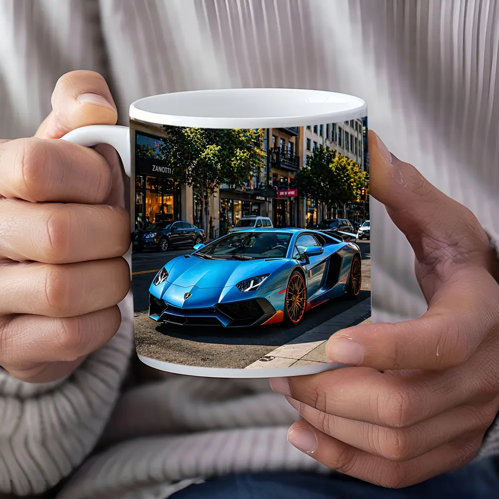 Blue Lamborghini Aventador City Street Scene – Mugs