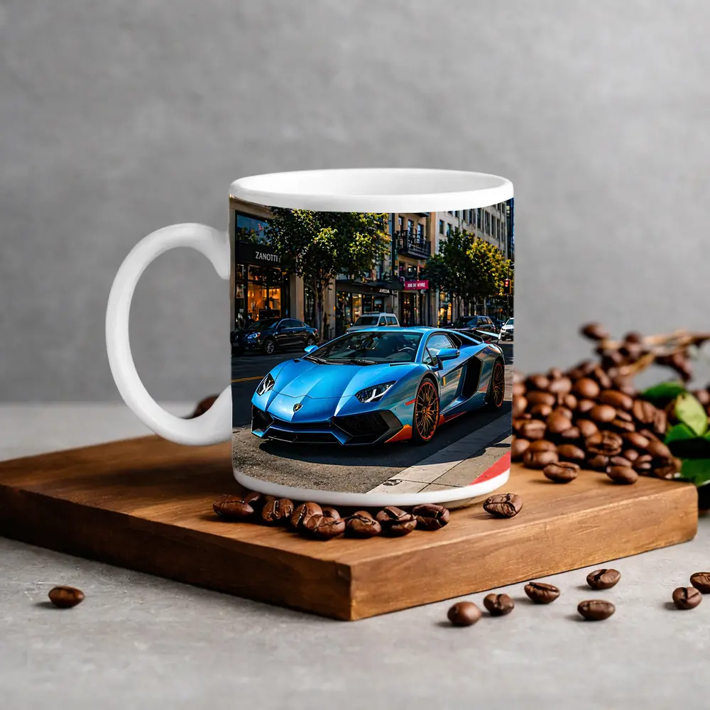 Blue Lamborghini Aventador City Street Scene – Mugs