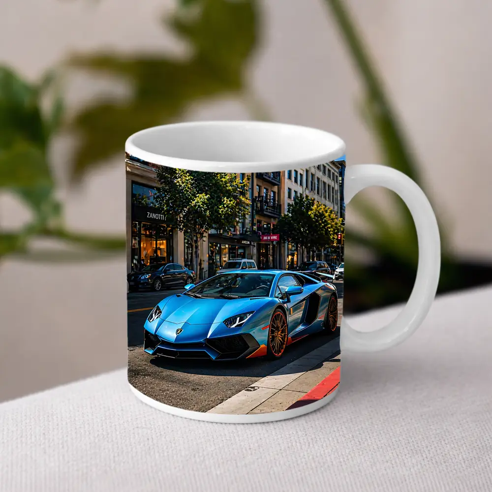 Blue Lamborghini Aventador City Street Scene – Mugs