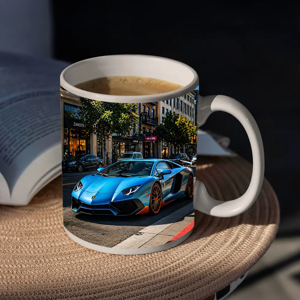 Blue Lamborghini Aventador City Street Scene – Mugs