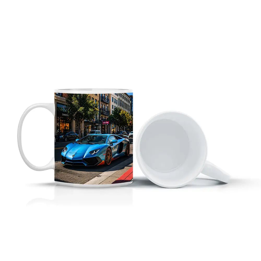 Blue Lamborghini Aventador City Street Scene – Mugs