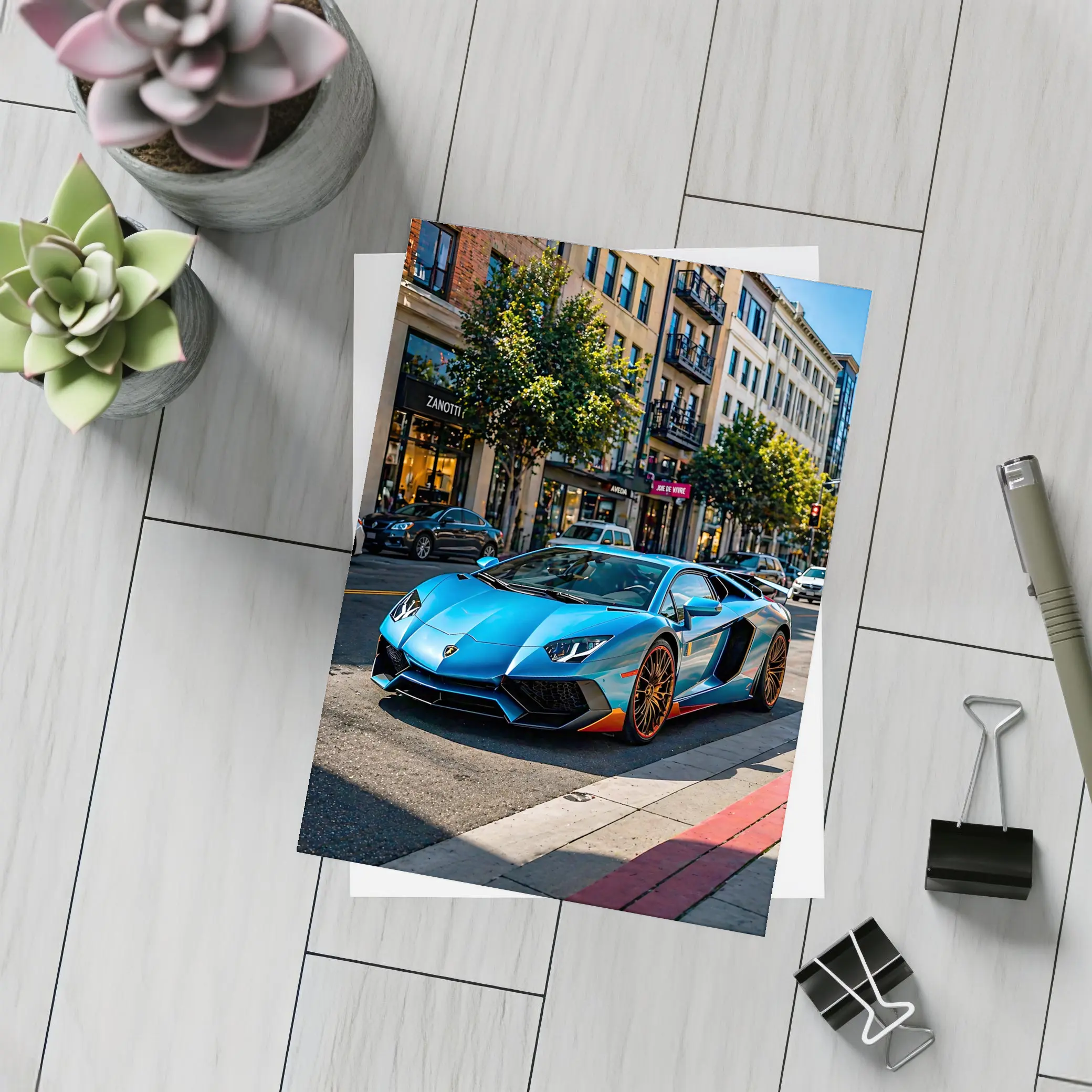Blue Lamborghini Aventador City Street Scene – Postcards
